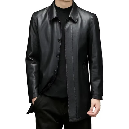 Men’s Genuine Leather Long Coat – Tailored Timeless Elegance