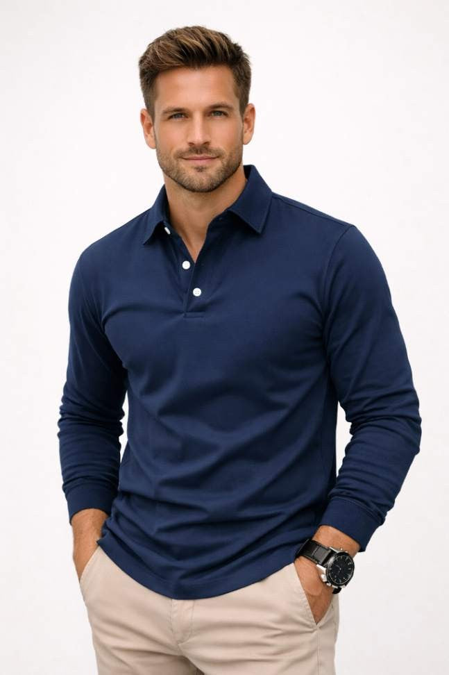 Men’s Premium Long Sleeve Polo Shirt – Smart Casual Luxury Cotton Polo