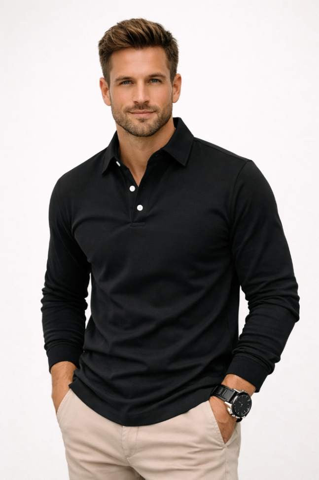 Men’s Premium Long Sleeve Polo Shirt – Smart Casual Luxury Cotton Polo
