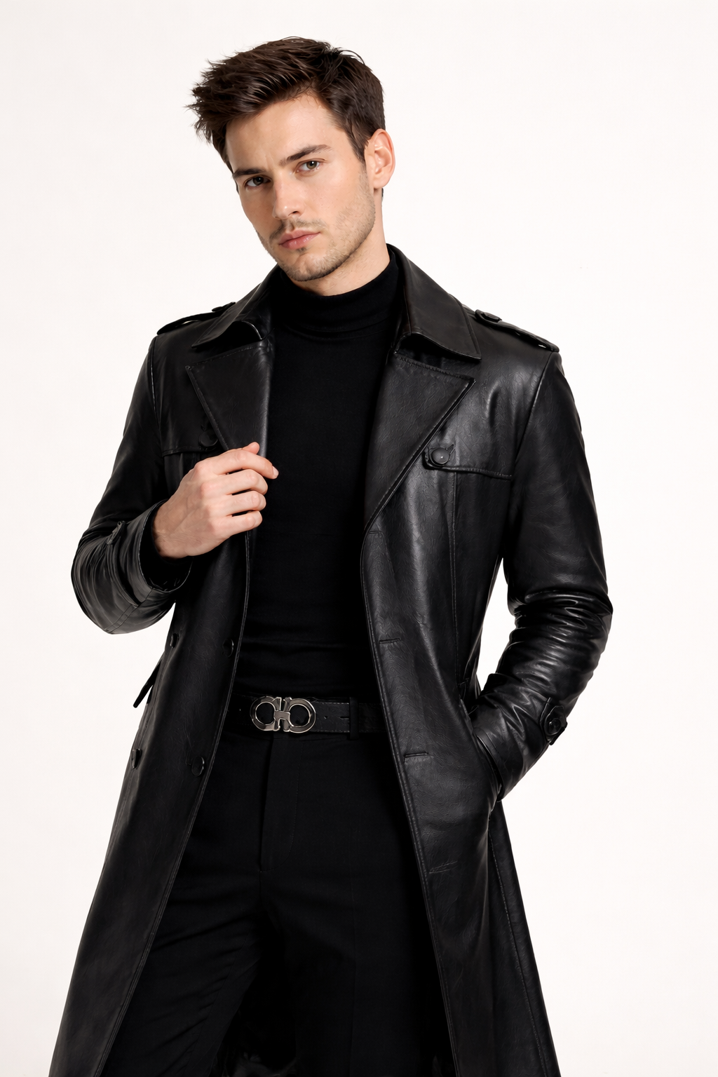 Men’s Classic Longline PU Leather Coat – Refined Heritage Edition