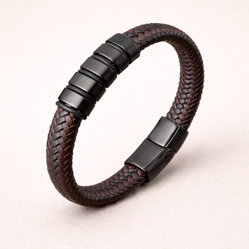 Men’s Premium Braided Leather Bracelet – Black Steel Clasp | Modern Minimalist Design