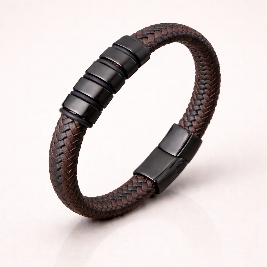 Men’s Premium Braided Leather Bracelet – Black Steel Clasp | Modern Minimalist Design