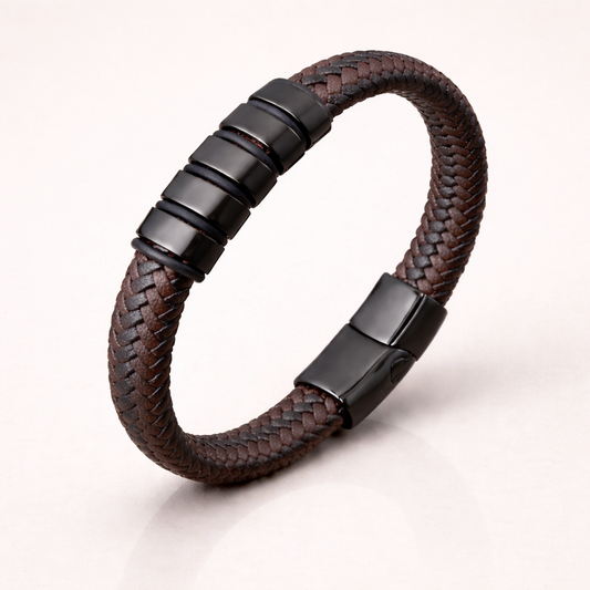 Men’s Premium Braided Leather Bracelet – Black Steel Clasp | Modern Minimalist Design