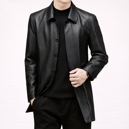 Men’s Genuine Leather Long Coat – Tailored Timeless Elegance
