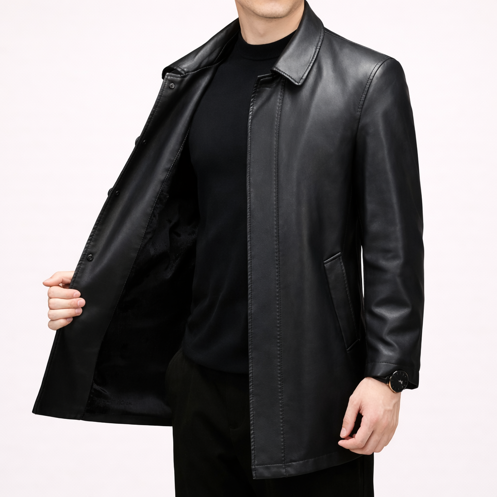 Men’s Genuine Leather Long Coat – Tailored Timeless Elegance