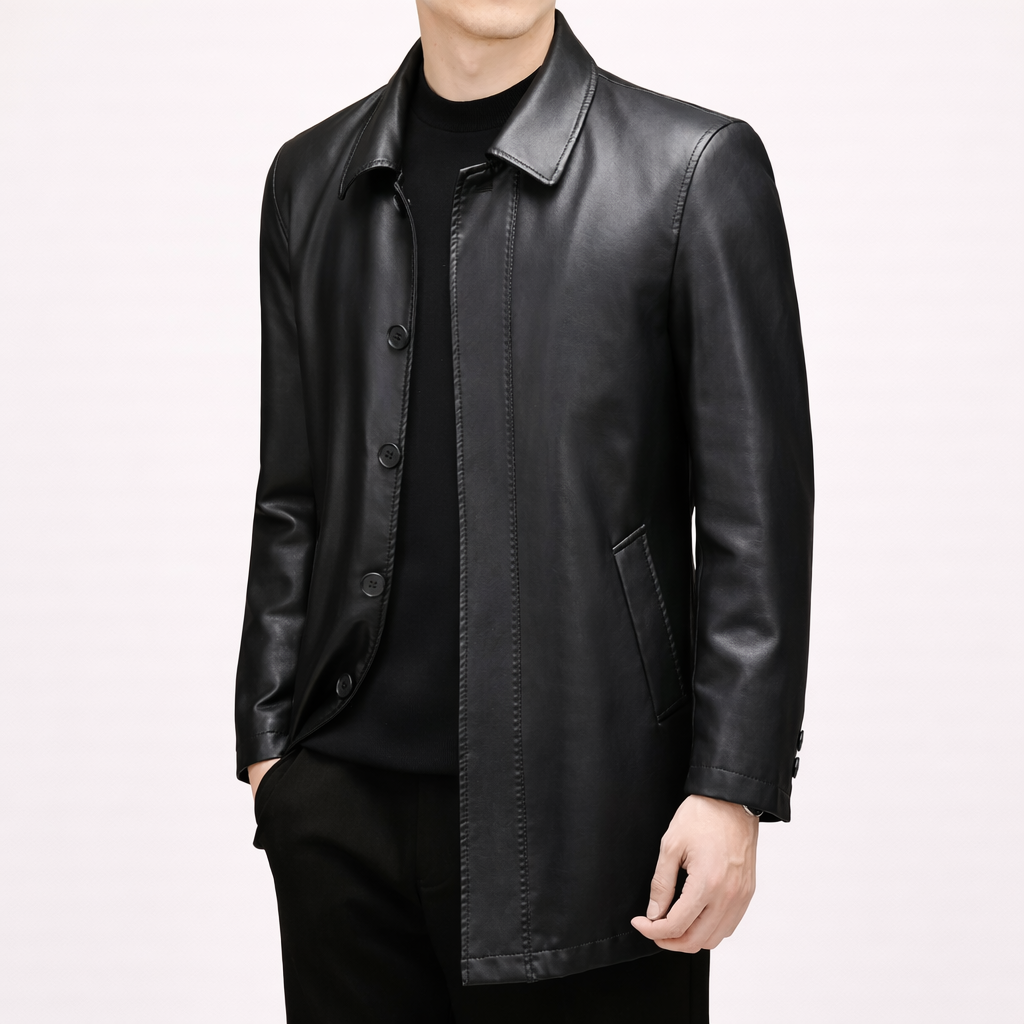 Men’s Genuine Leather Long Coat – Tailored Timeless Elegance
