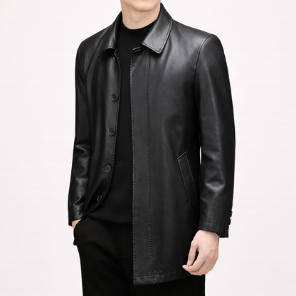 Men’s Genuine Leather Long Coat – Tailored Timeless Elegance