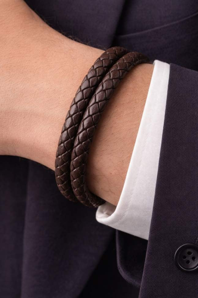 Regency Braided Leather Bracelet – Dark Brown